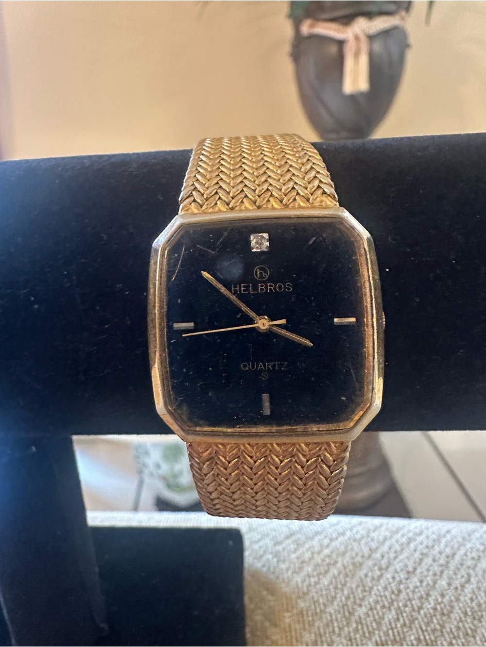 Helbros Gold-Tone unisex Quartz Watch with Black Dial. Wrist upto 7.25". Running